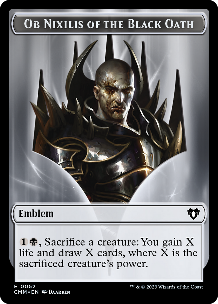 Clue // Ob Nixilis of the Black Oath Emblem Double-Sided Token [Commander Masters Tokens] | Kessel Run Games Inc. 
