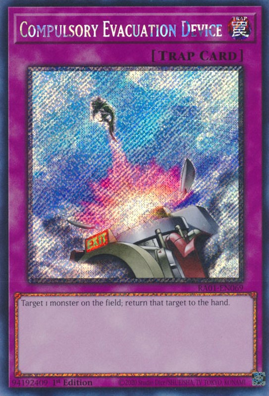 Compulsory Evacuation Device [RA01-EN069] Platinum Secret Rare | Kessel Run Games Inc. 