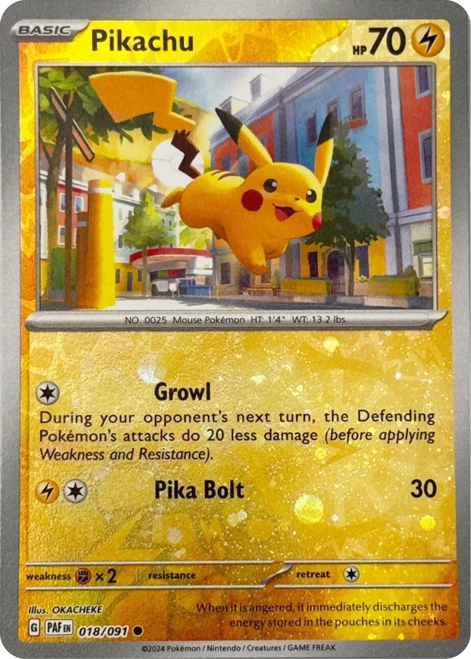 Pikachu (018/091) (Reverse Cosmos Holo) [Scarlet & Violet: Paldean Fates] | Kessel Run Games Inc. 