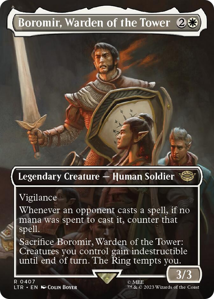 Boromir, Warden of the Tower (Borderless Alternate Art) [The Lord of the Rings: Tales of Middle-Earth] | Kessel Run Games Inc. 