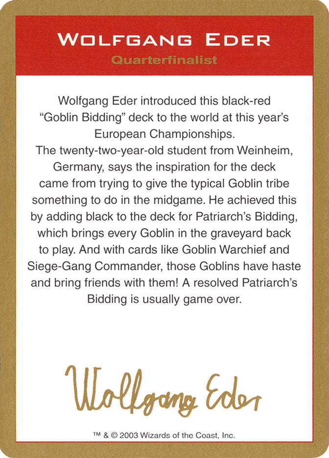 Wolfgang Eder Bio [World Championship Decks 2003] | Kessel Run Games Inc. 