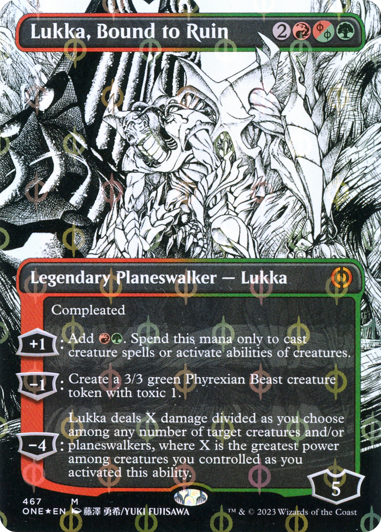 Lukka, Bound to Ruin (Borderless Manga Step-and-Compleat Foil) [Phyrexia: All Will Be One] | Kessel Run Games Inc. 