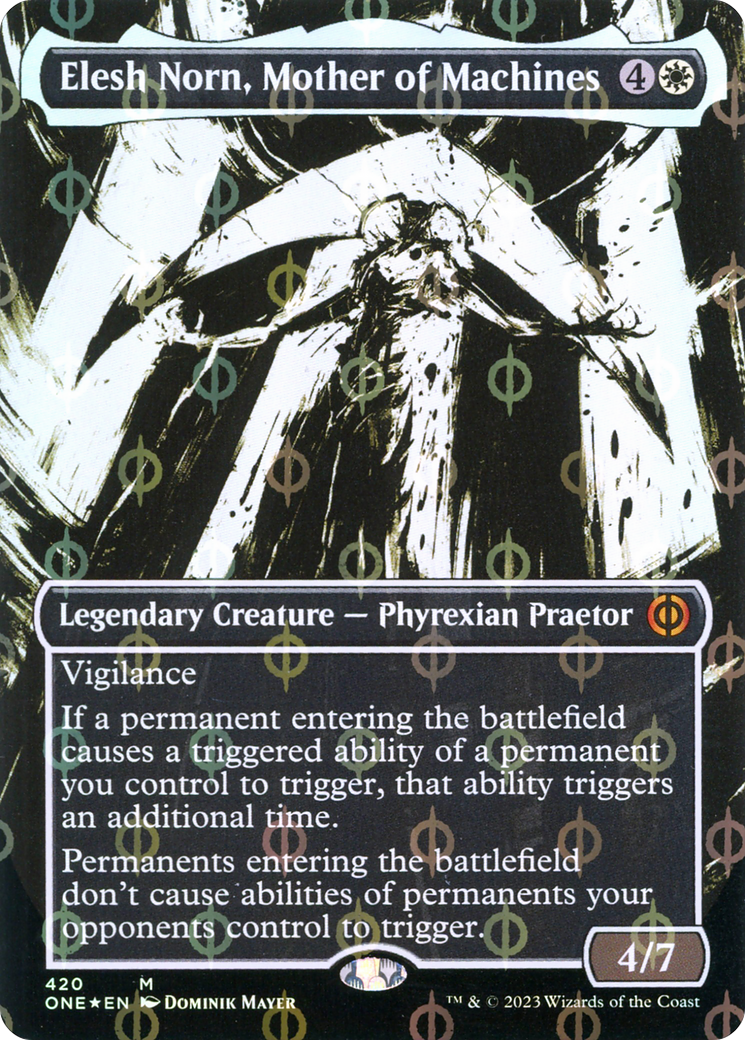 Elesh Norn, Mother of Machines (Borderless Ichor Step-and-Compleat Foil) [Phyrexia: All Will Be One] | Kessel Run Games Inc. 