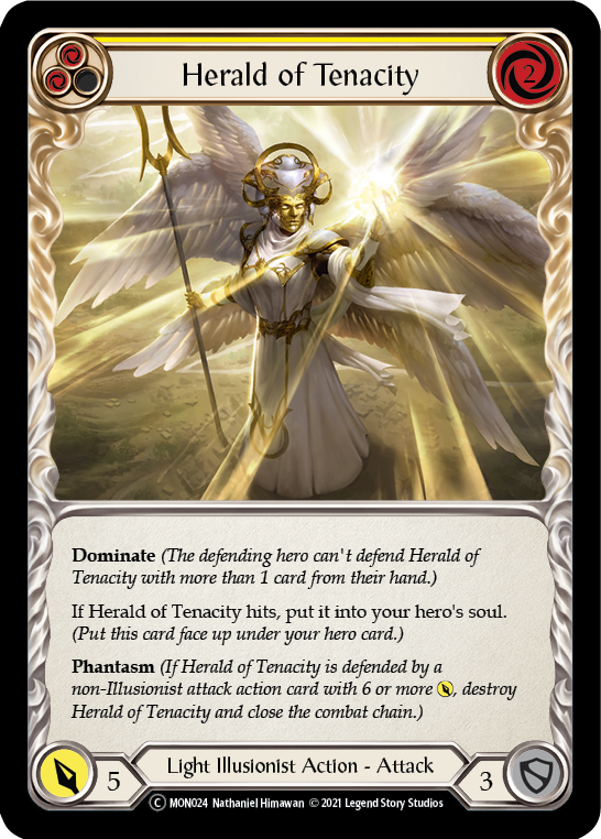 Herald of Tenacity (Yellow) [U-MON024-RF] (Monarch Unlimited)  Unlimited Rainbow Foil | Kessel Run Games Inc. 