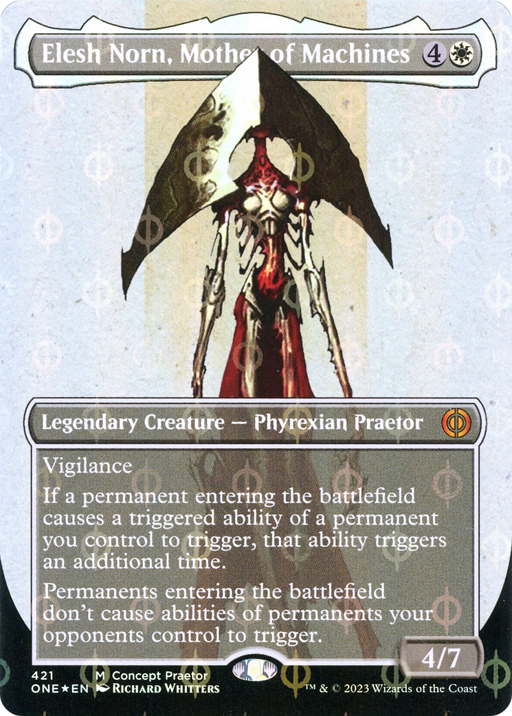Elesh Norn, Mother of Machines (Borderless Concept Praetors Step-and-Compleat Foil) [Phyrexia: All Will Be One] | Kessel Run Games Inc. 