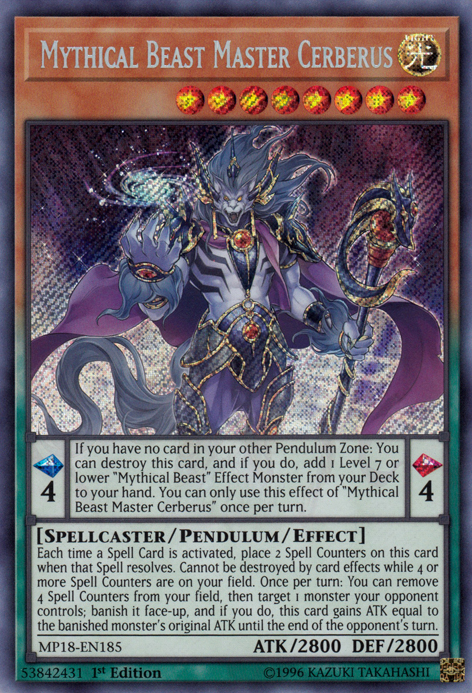 Mythical Beast Master Cerberus [MP18-EN185] Secret Rare | Kessel Run Games Inc. 
