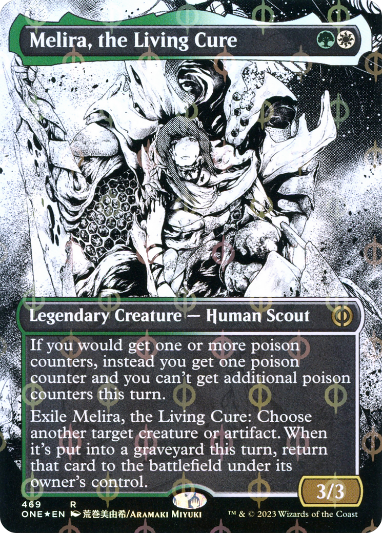 Melira, the Living Cure (Borderless Manga Step-and-Compleat Foil) [Phyrexia: All Will Be One] | Kessel Run Games Inc. 