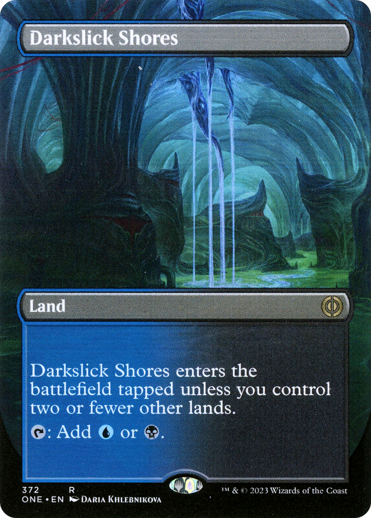 Darkslick Shores (Borderless Alternate Art) [Phyrexia: All Will Be One] | Kessel Run Games Inc. 