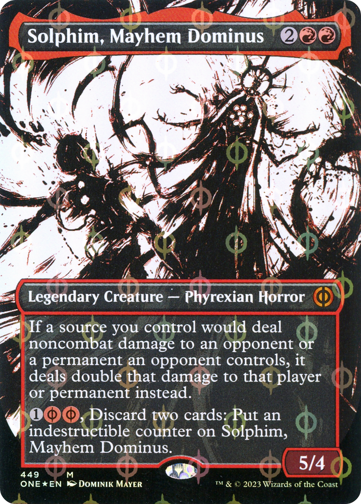 Solphim, Mayhem Dominus (Borderless Ichor Step-and-Compleat Foil) [Phyrexia: All Will Be One] | Kessel Run Games Inc. 