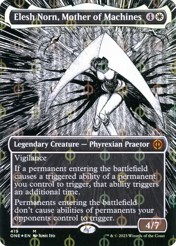 Elesh Norn, Mother of Machines (Borderless Manga Step-and-Compleat Foil) [Phyrexia: All Will Be One] | Kessel Run Games Inc. 