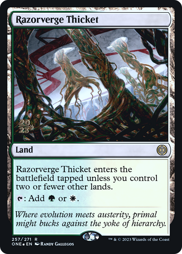 Razorverge Thicket [Phyrexia: All Will Be One Prerelease Promos] | Kessel Run Games Inc. 