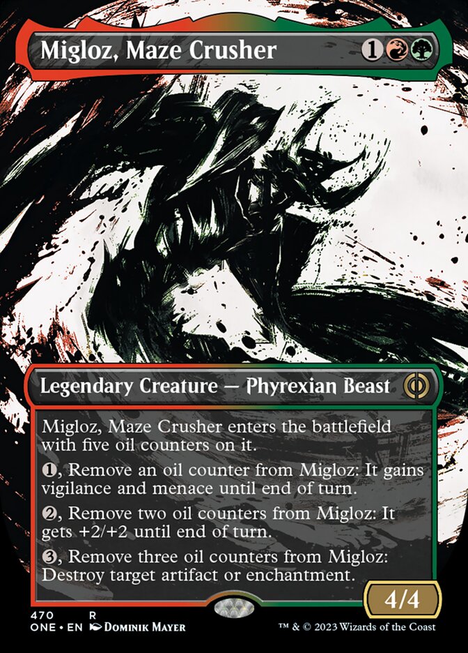 Migloz, Maze Crusher (Borderless Ichor Step-and-Compleat Foil) [Phyrexia: All Will Be One] | Kessel Run Games Inc. 